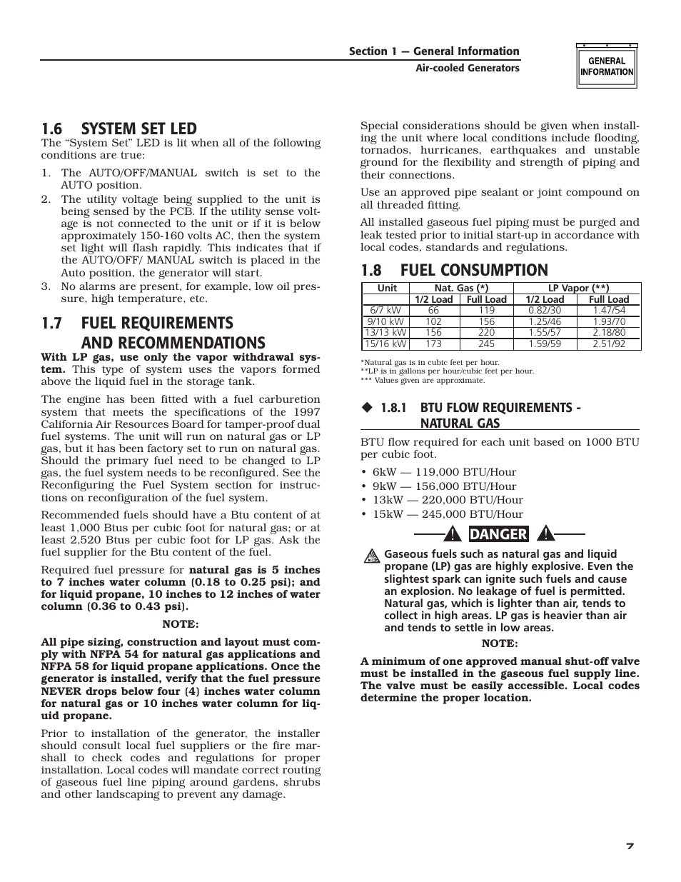 6 system set led, 7 fuel requirements and recommendations, 8 fuel consumption | Danger | Generac Power Systems 005240 User Manual | Page 9 / 72