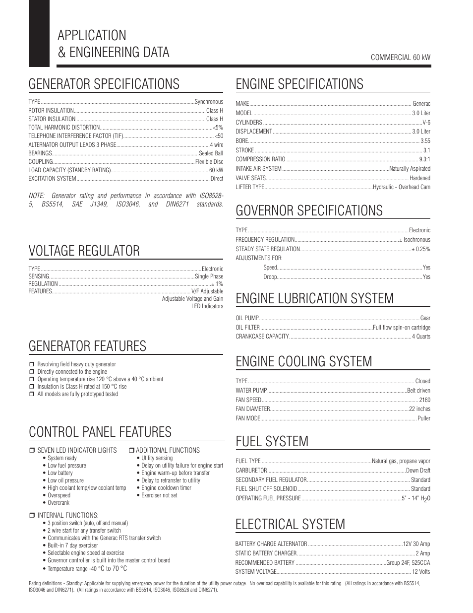 Application & engineering data, Generator specifications, Generator features | Voltage regulator, Control panel features, Engine specifications, Governor specifications, Engine lubrication system, Engine cooling system, Fuel system | Generac Power Systems Whisper-Test COMMERCIAL SERIES User Manual | Page 2 / 4
