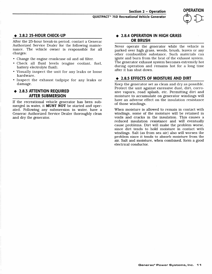 2 25-hour check-up, 3 attention required after submersion, 4 operation in high grass | Or brush, 5 effects of moisture and dirt | Generac Power Systems 4270-0 User Manual | Page 13 / 68