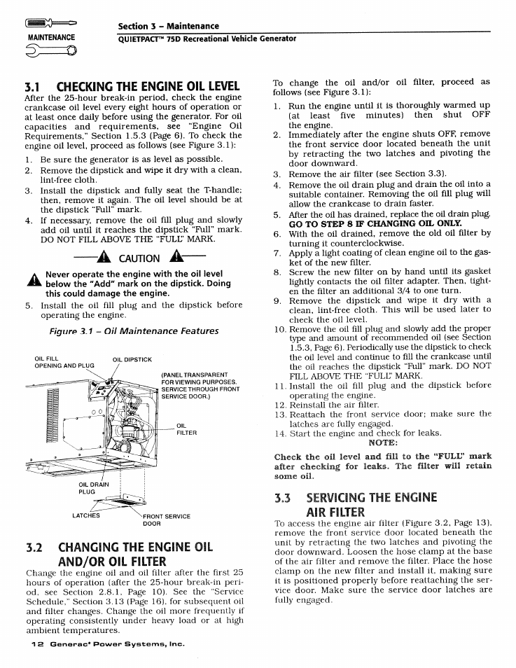 1 checking the engine oil level, 2 changing the engine oil and/or oil filter, 3 servicing the engine air filter | Servicing the engine air fhter | Generac Power Systems 4270-0 User Manual | Page 14 / 68
