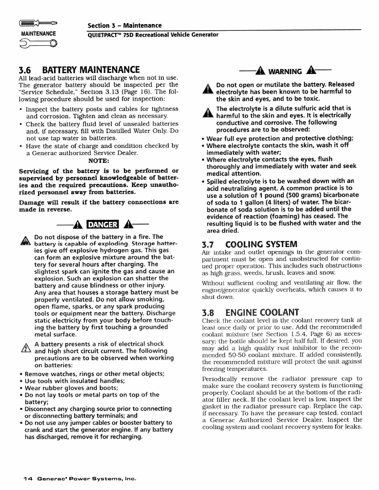 6 battery maintenance, 7 cooling system, 8 engine coolant | Cooling system, Engine coolant | Generac Power Systems 4270-0 User Manual | Page 16 / 68