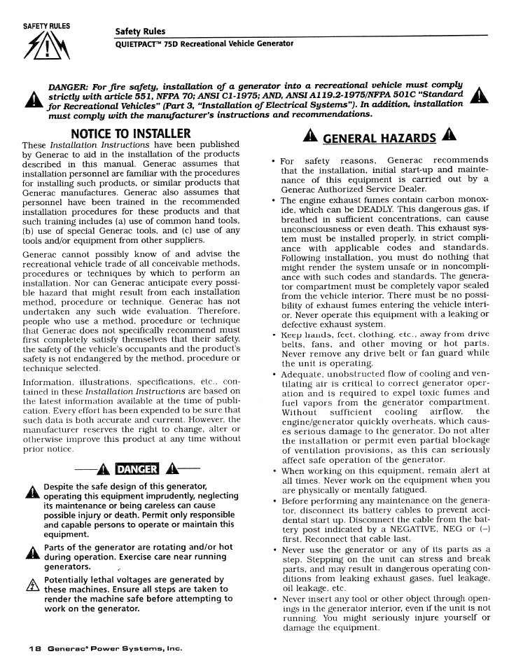 Notice to installer, A general hazards | Generac Power Systems 4270-0 User Manual | Page 20 / 68