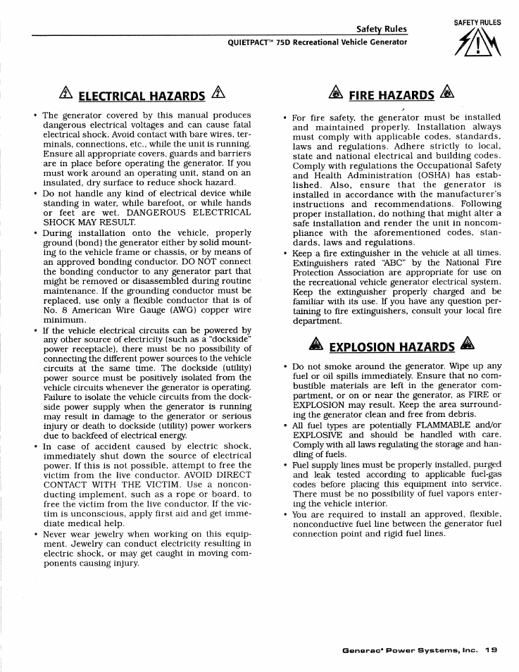 Electrical hazards, Fire hazards | Generac Power Systems 4270-0 User Manual | Page 21 / 68