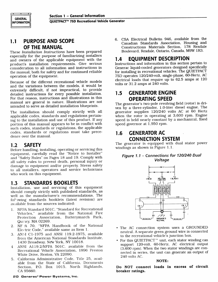 Quietpact™ 75d recreational vehicle generator, 1 purpose and scope of the ivianual, 2 safety | 3 standards booklets, 4 equipment description, 5 generator engine operating speed, 6 generator ac connection system | Generac Power Systems 4270-0 User Manual | Page 22 / 68