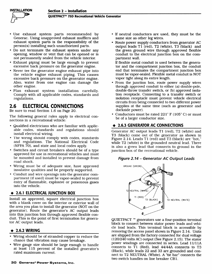 Quietpact™ 75d recreational vehicle generator, 6 elearical conneqions, Electrical connections | Generac Power Systems 4270-0 User Manual | Page 32 / 68