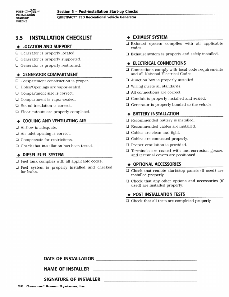 5 installation checklist, Installation checklist | Generac Power Systems 4270-0 User Manual | Page 38 / 68