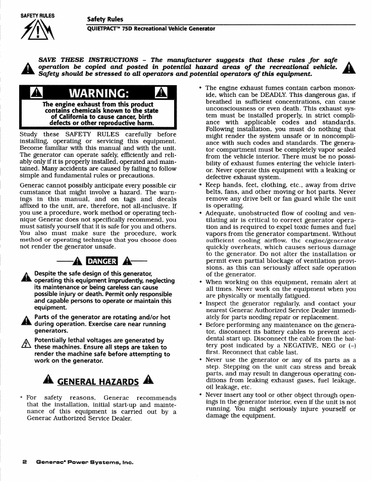 Warning | Generac Power Systems 4270-0 User Manual | Page 4 / 68