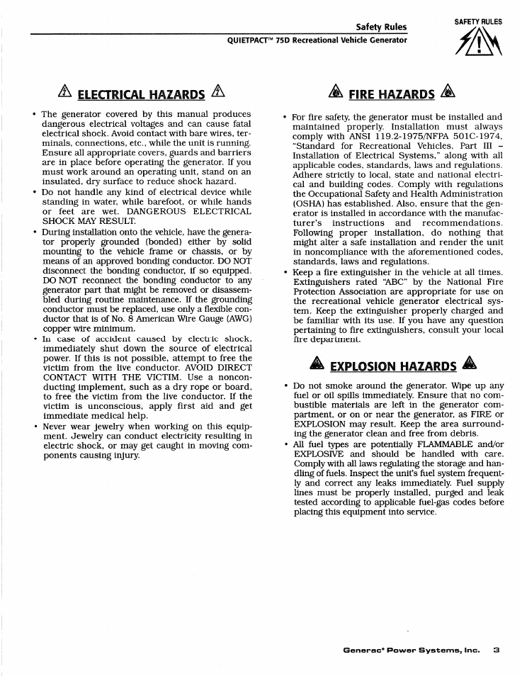 Electrical hazards, Fire hazards, A explosion hazards a | Generac Power Systems 4270-0 User Manual | Page 5 / 68