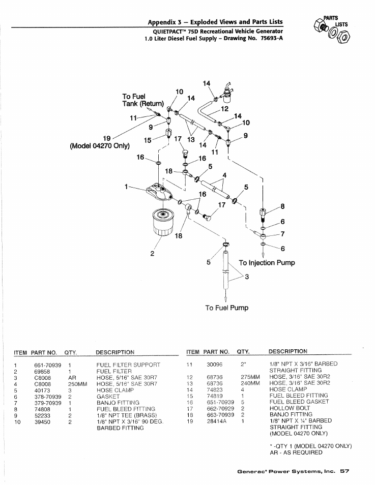Quletpacr™ 75 d recreational vehicle generator, 0 liter diesel fuel supply - drawing no. 75693-a, Item part no | Generac Power Systems 4270-0 User Manual | Page 59 / 68