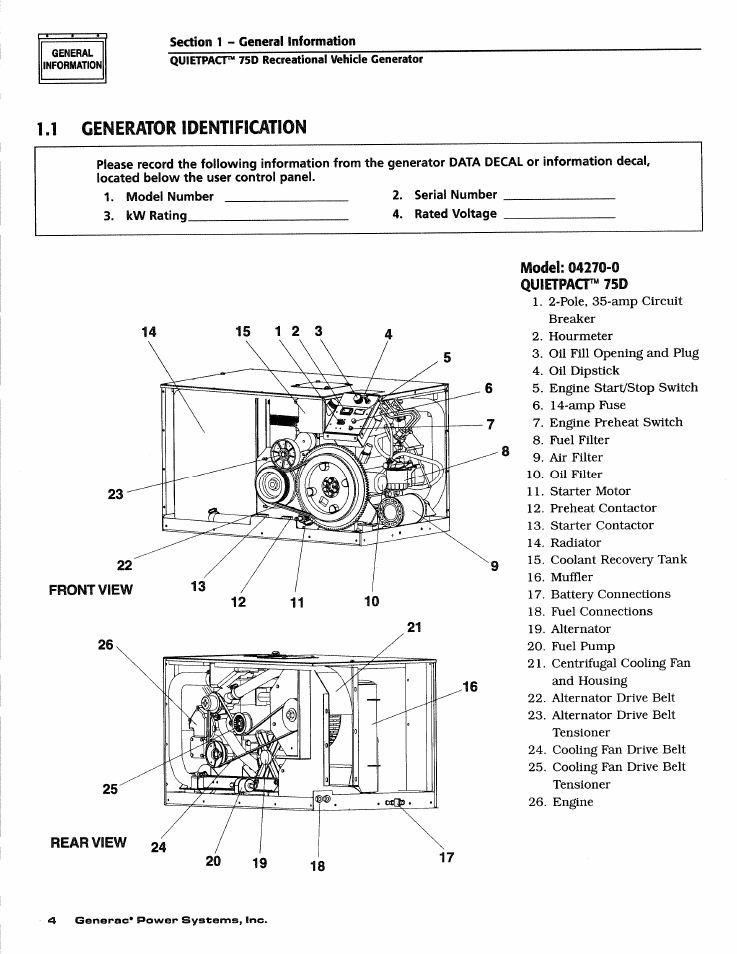 Quietpact™ 75d recreational vehicle generator | Generac Power Systems 4270-0 User Manual | Page 6 / 68