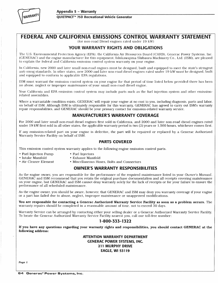 Quietpact™ 75d recreational vehicle generator | Generac Power Systems 4270-0 User Manual | Page 66 / 68