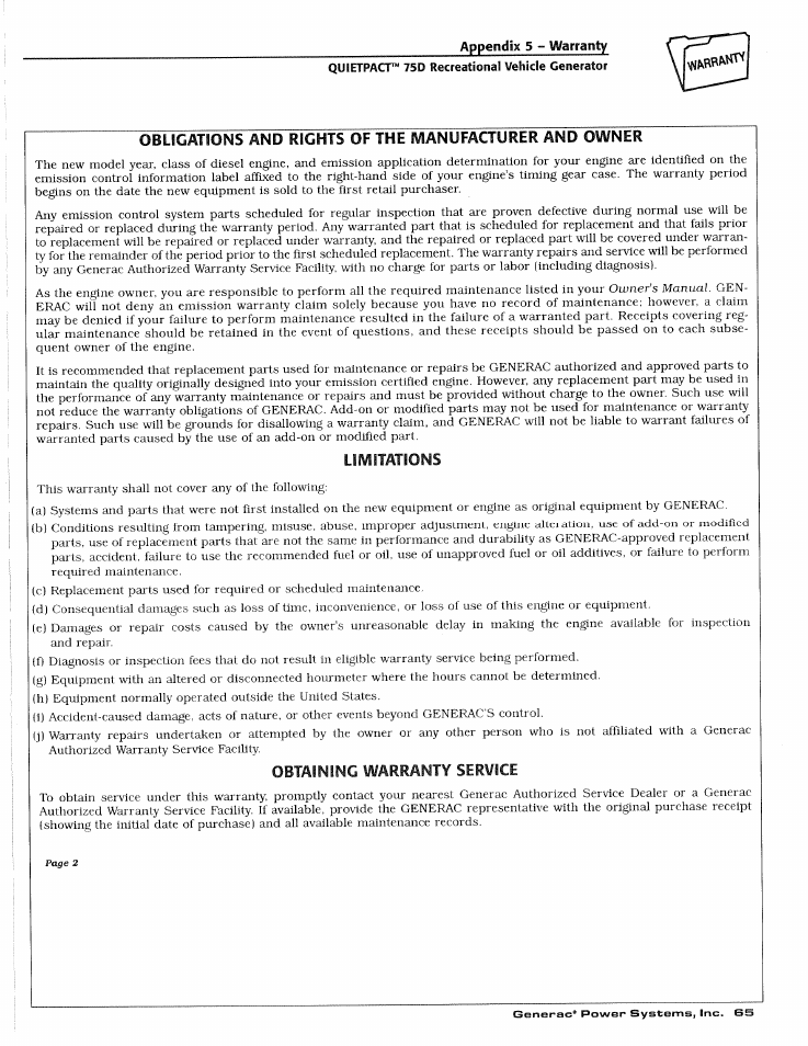 Quietpact™ 75d recreational vehicle generator | Generac Power Systems 4270-0 User Manual | Page 67 / 68