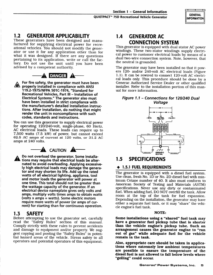 2 generatoiiappligibility, 13 safety, 4 generator ac | Conneqion system, S specifications, Safety | Generac Power Systems 4270-0 User Manual | Page 7 / 68