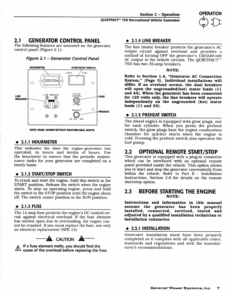 1 generator control panel, Note, 2 optional remote start/stop | 23 before starting the engine, Generator control panel | Generac Power Systems 4270-0 User Manual | Page 9 / 68