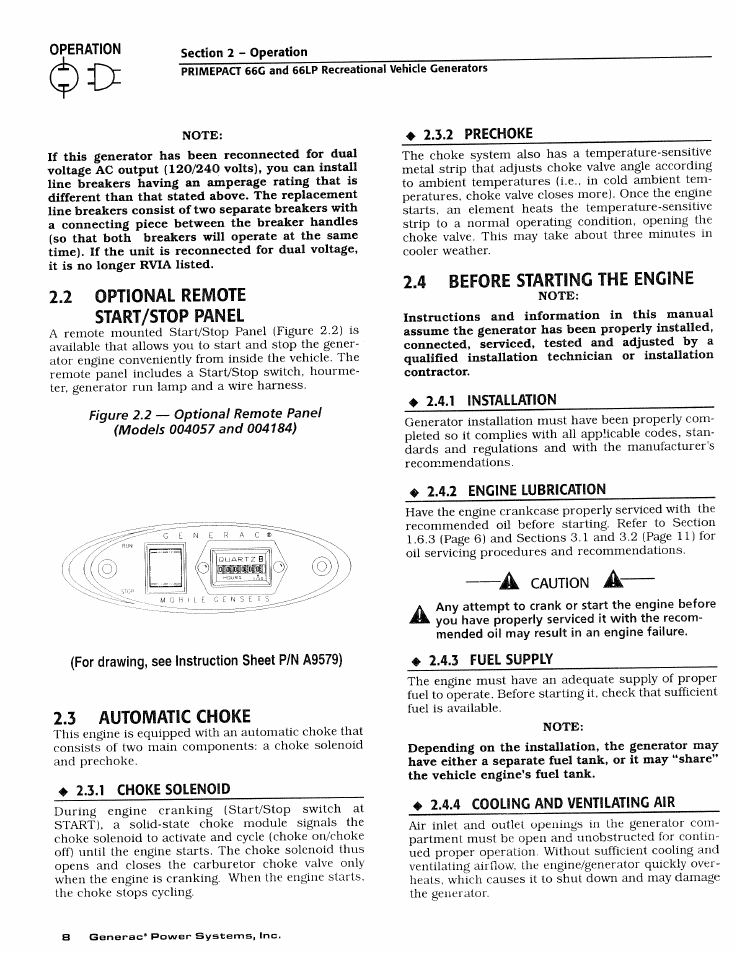 Note, 4 before starting the engine | Generac Power Systems 009600-4 User Manual | Page 10 / 56