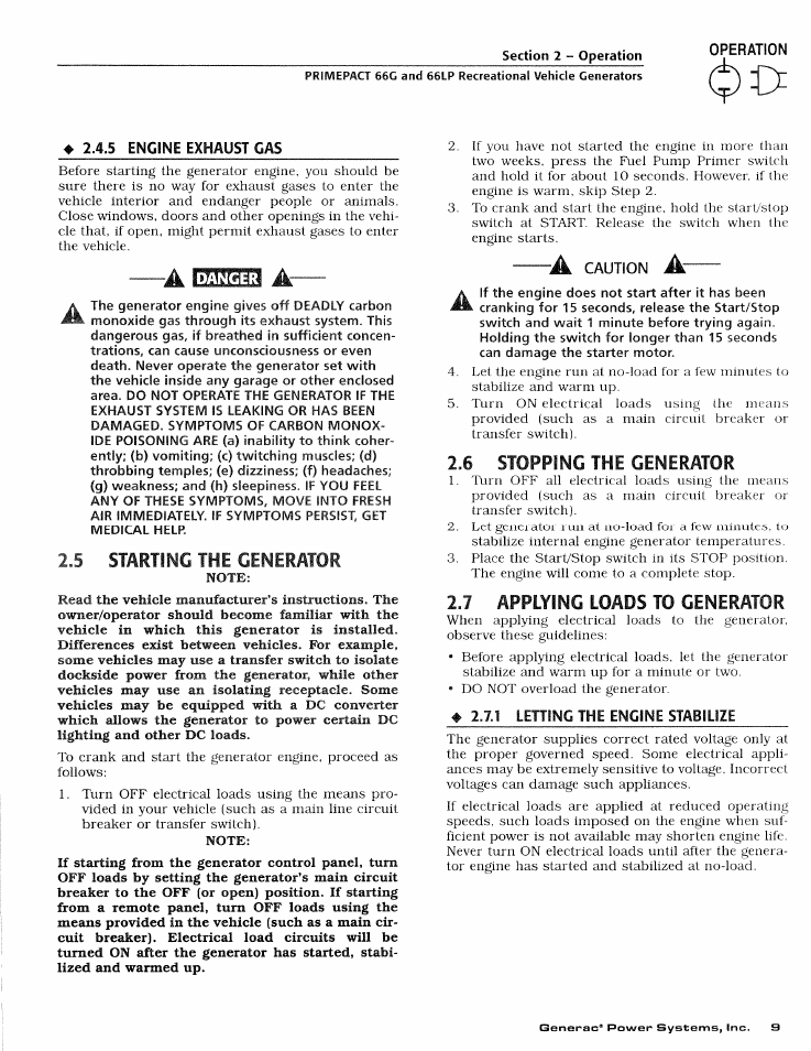 5 engine exhaust gas, Starting the generator, Note | 6 stopping the generator, 2j applying loads to generator, 1 letting the engine stabilize, Applying loads to generator | Generac Power Systems 009600-4 User Manual | Page 11 / 56