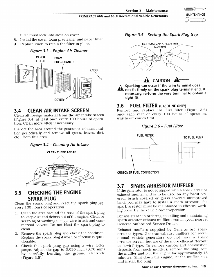 Paper, Filter, 4 clean air intake screen | 5 checking the engine spark plug, To fuel pump, Customer fuel connection, 7 spark arrestor muffler, Clean air intake screen, Checking the engine spark plug | Generac Power Systems 009600-4 User Manual | Page 15 / 56