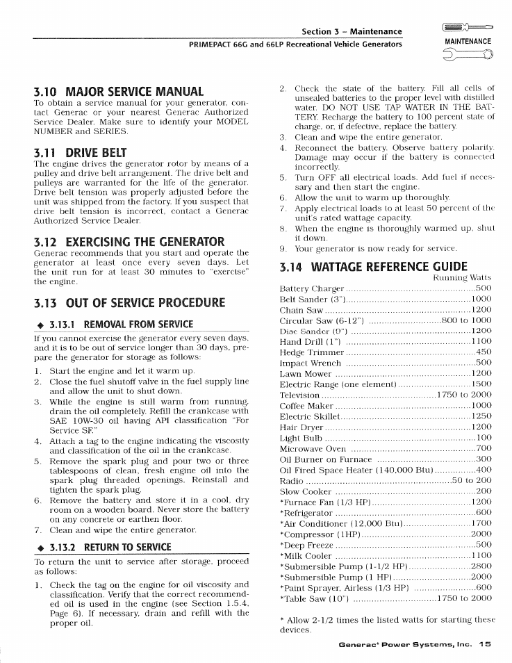 10 iviajor service manual, 1 removal from service, Major service manual | Generac Power Systems 009600-4 User Manual | Page 17 / 56