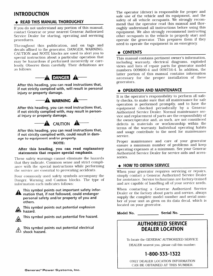 Introduction, Authorized service dealer location | Generac Power Systems 009600-4 User Manual | Page 2 / 56