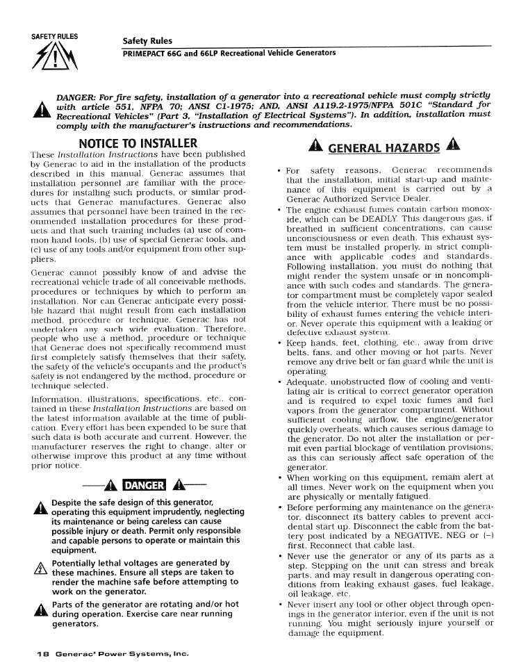 Safety rules, Notice to installer, Safety rules -19 | Generac Power Systems 009600-4 User Manual | Page 20 / 56