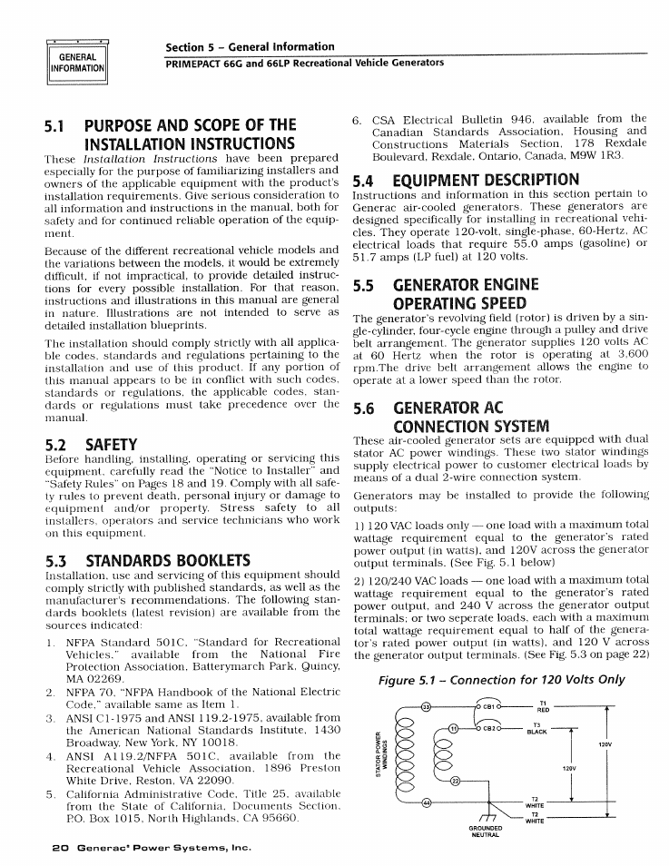 2 safety, 3 standards booklets, 4 equipivient description | 5 generator engine operating speed, 6 generator ac connection system, Safety, Standard booklets, Equipment description, Generator engine operating speed, Generator ac connection system | Generac Power Systems 009600-4 User Manual | Page 22 / 56