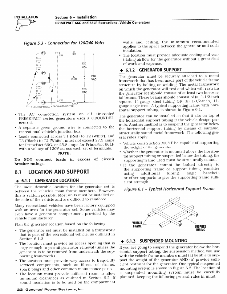1 location and support, 1 generator location, 3 suspended mounting | Location and support | Generac Power Systems 009600-4 User Manual | Page 24 / 56
