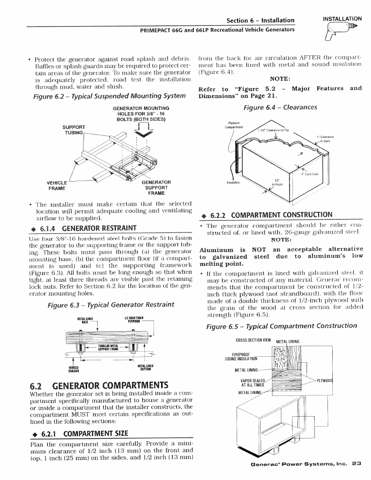 2 generator compartments, 1 compartment size, 4 generator restraint | 2 compartment construaion, Generator conipartmeuts, 1 compartment size 6.2.2 compartment construction | Generac Power Systems 009600-4 User Manual | Page 25 / 56