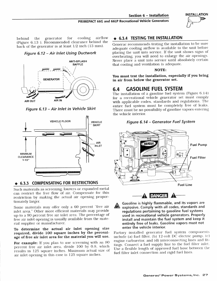 4 testing the installation, Note, 4 gasoline fuel systeivi | 3 compensating for restrictions, Gasoline fuel system | Generac Power Systems 009600-4 User Manual | Page 29 / 56