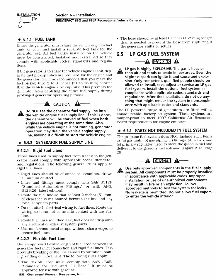 1 fuel tank, 5 lp gas fuel system, A mm a | 2 generator fuel supply line, 1 rigid fuel lines, 2 flexible fuel line, 1 parts not included in fuel system, 1 fweltank 6.4.2 generator fuel supply line, 1 rigid fuel lines 6.4.2.2 flexible fuel lines | Generac Power Systems 009600-4 User Manual | Page 30 / 56