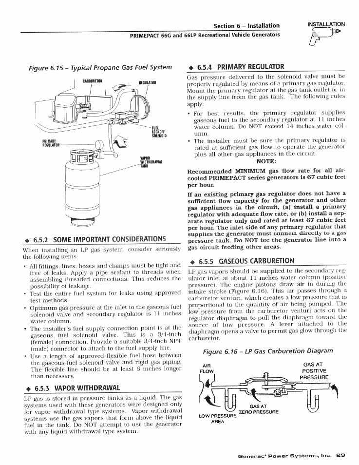 3 vapor withdrawal, 5 gaseous carburetion, Important consiperations | Generac Power Systems 009600-4 User Manual | Page 31 / 56