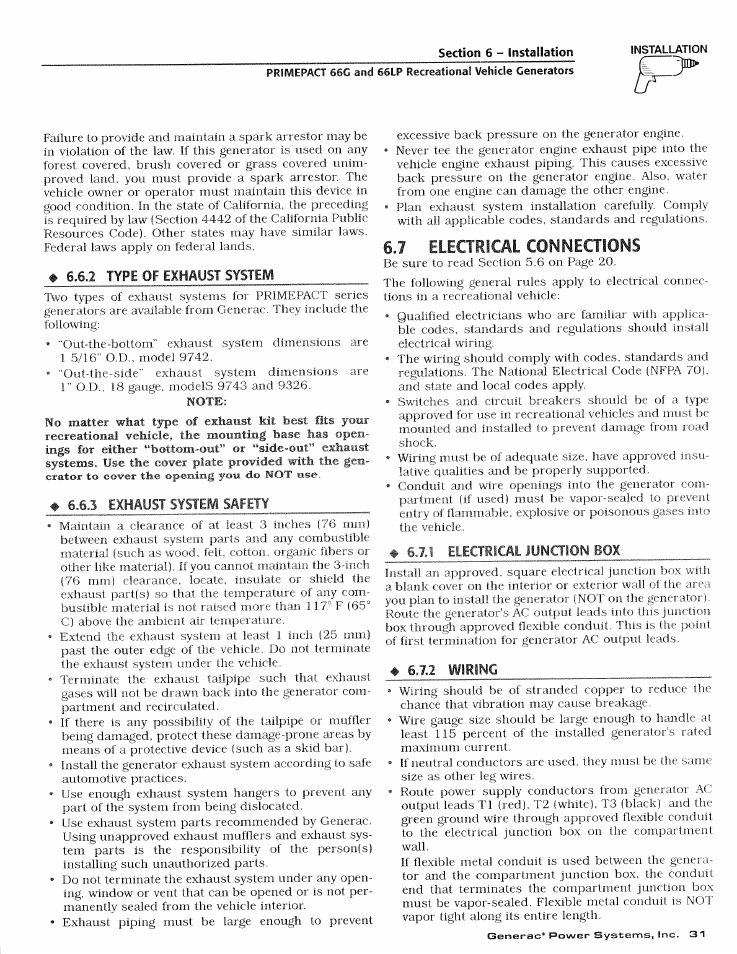 2 type of exhaust system, 3 exhaust system safety, 7 electrical connections | Electrical connections | Generac Power Systems 009600-4 User Manual | Page 33 / 56