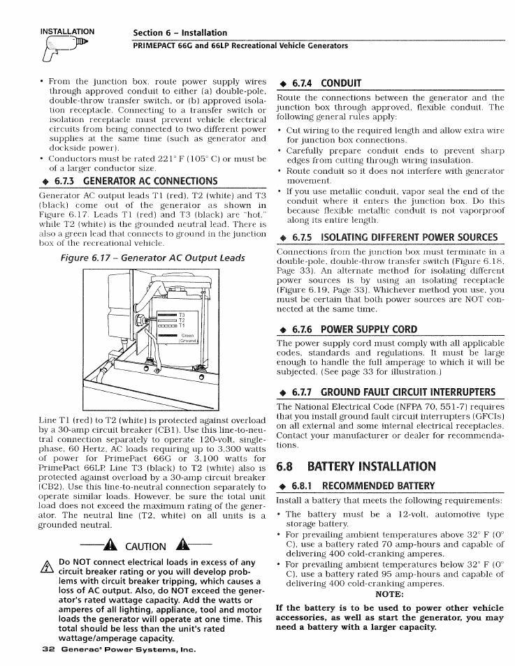 5 generator ac conneqions, 4 conduit, 5 isolating different power sources | 6 power supply cord, 7 ground fault circuit interrupters, 8 battery installation, 1 recommended battery, Note, Battery installation 6.8.1 recommended battery, Output | Generac Power Systems 009600-4 User Manual | Page 34 / 56