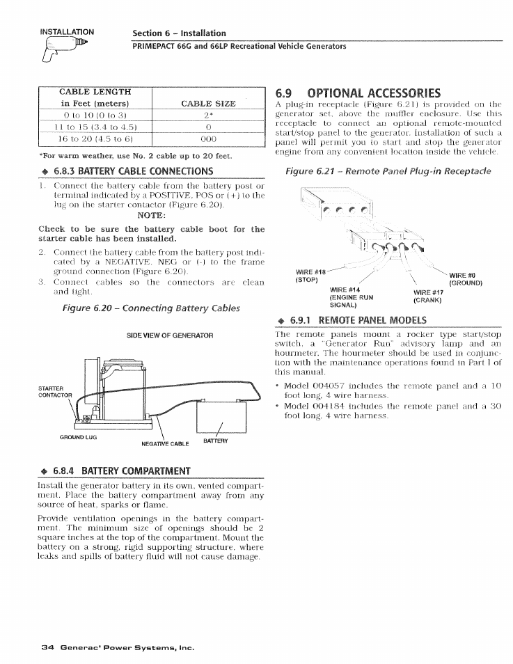9 optional accessories, Optional accessories, 5 battery cable connections | 1 remote panel models, 4 battery compartment | Generac Power Systems 009600-4 User Manual | Page 36 / 56
