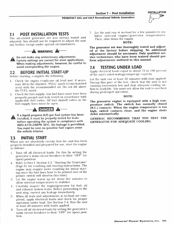 A warning a, 12 before initial start-up, Note | 4 testing under load, Before initial start-up, Testing under load | Generac Power Systems 009600-4 User Manual | Page 37 / 56
