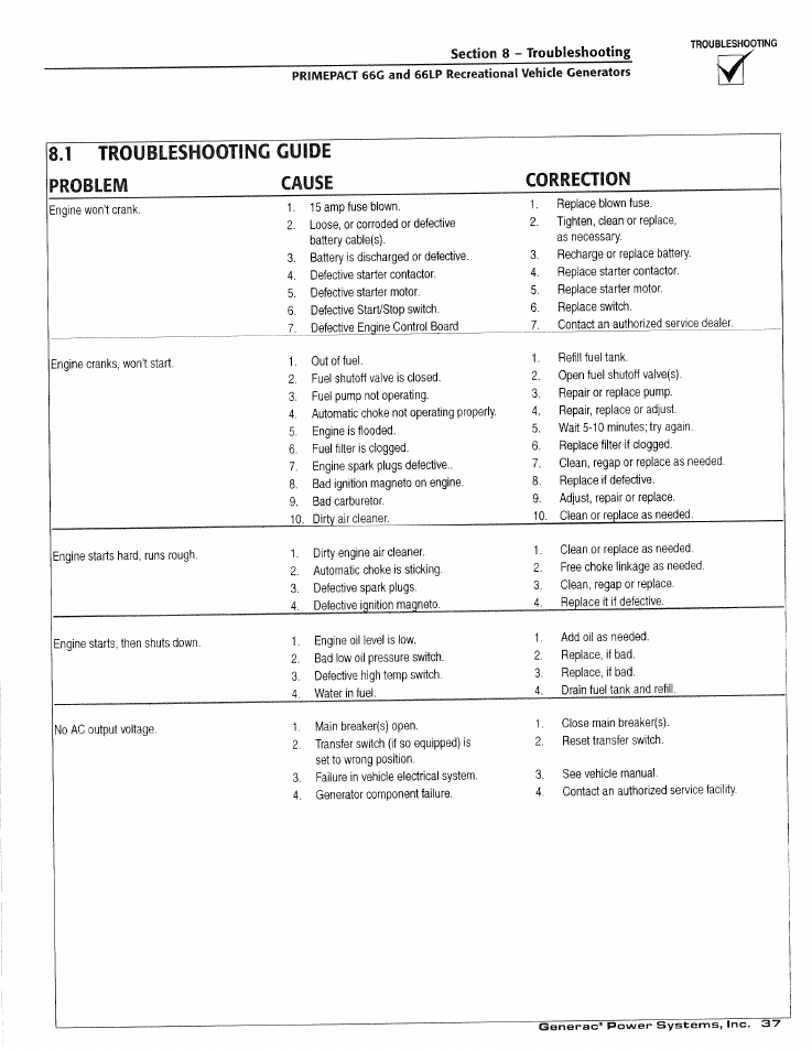 1 troubleshooting guide problem cause correction | Generac Power Systems 009600-4 User Manual | Page 39 / 56