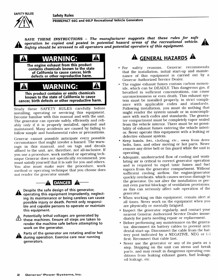 Warning | Generac Power Systems 009600-4 User Manual | Page 4 / 56
