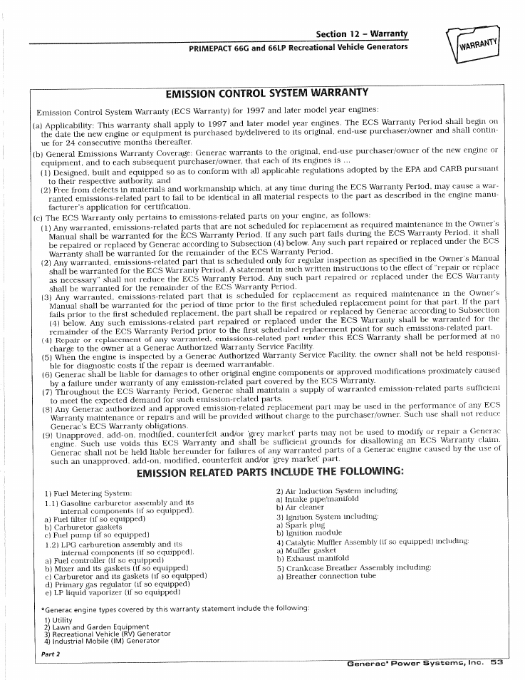 Emission control system warranty, Emission related parts include the following | Generac Power Systems 009600-4 User Manual | Page 55 / 56