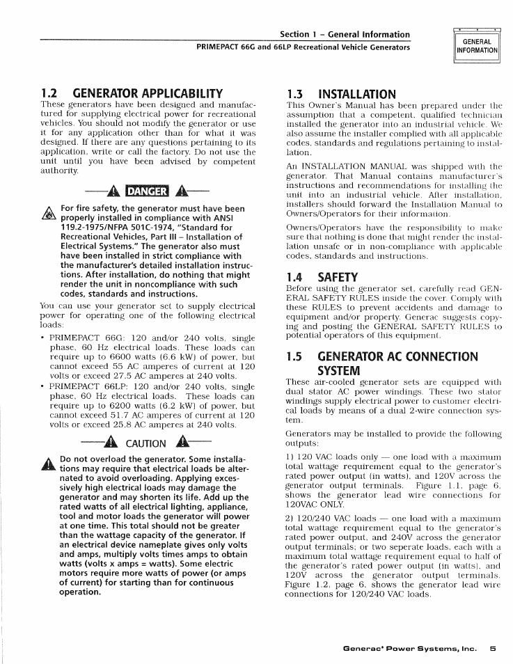 2 generator applicability, 3 installation, 4 safety | 5 generator ac connection systeivi, Installation, Imincilr | Generac Power Systems 009600-4 User Manual | Page 7 / 56