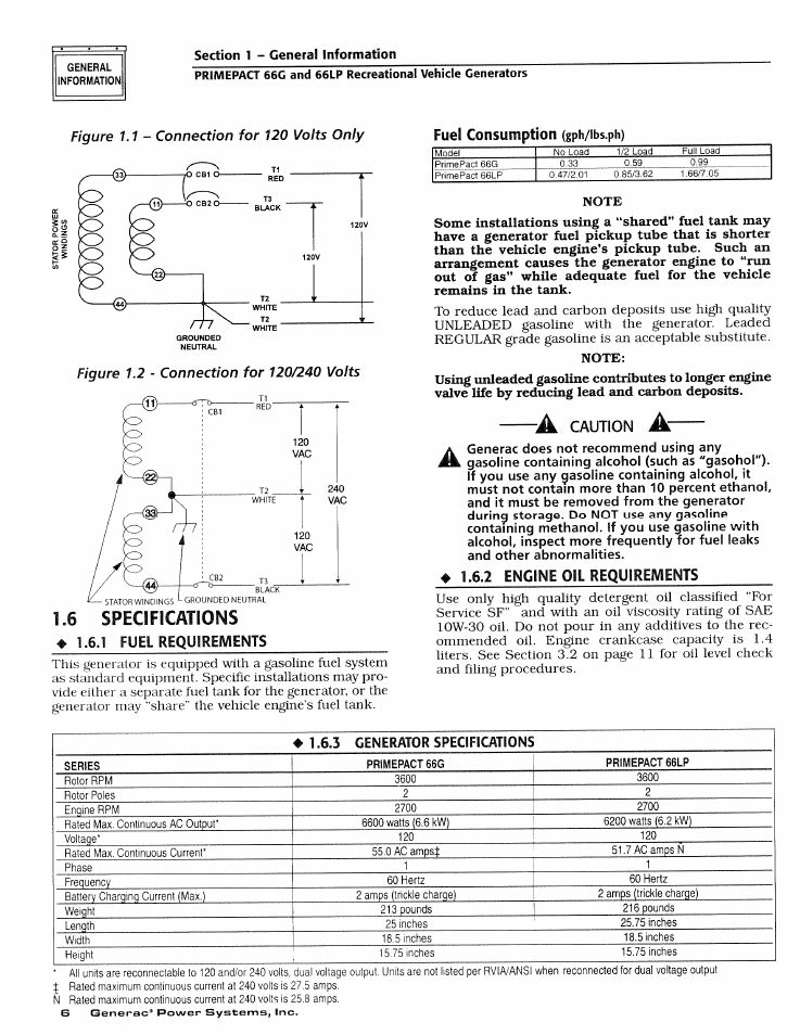 Fuel consumption (gph/ibs.ph), 6 specifications, 1 fuel requirements | 2 engine oil requirements, Specifications, Jk caution jk, Figure 1.1, Connection for 120 volts only | Generac Power Systems 009600-4 User Manual | Page 8 / 56