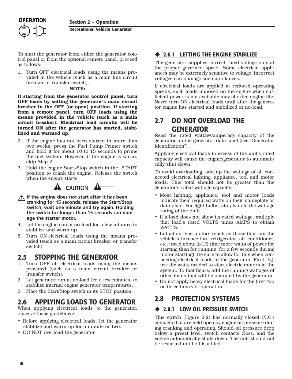 5 stopping the generator, 6 applying loads to generator, 7 do not overload the generator | 8 protection systems | Generac Power Systems 004701-0 User Manual | Page 10 / 56