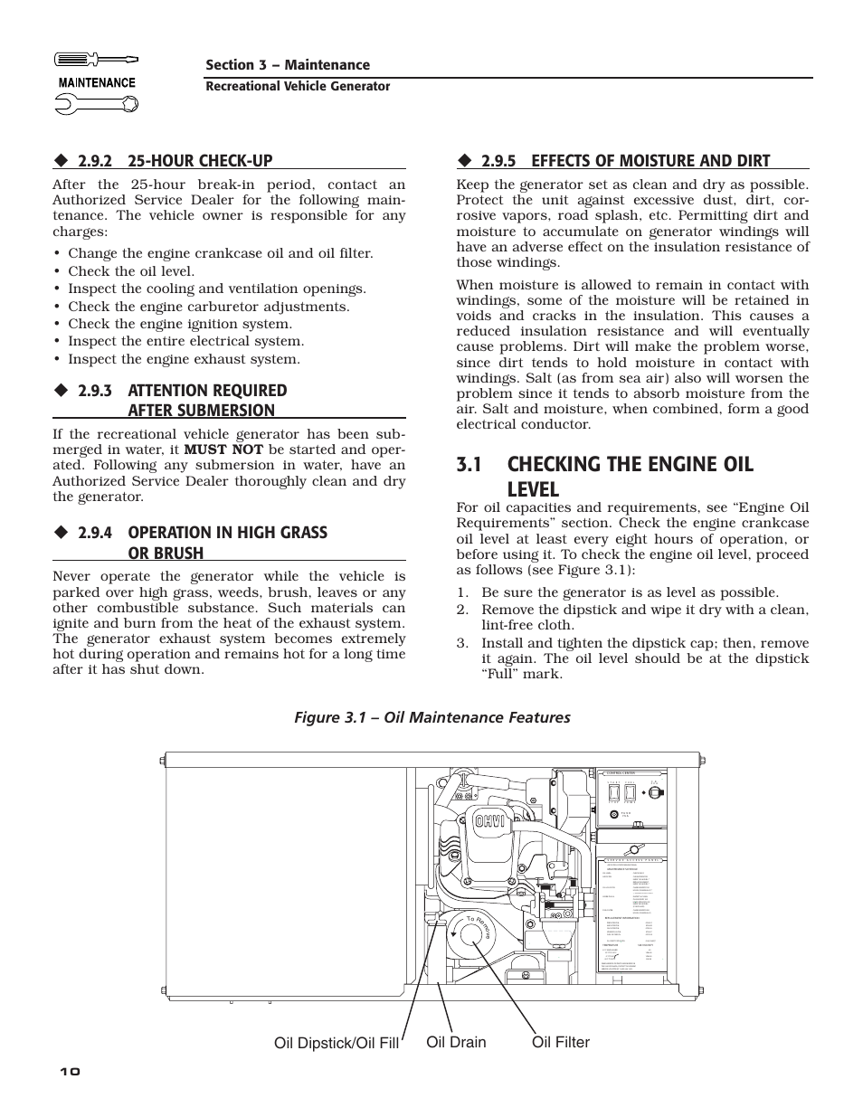 1 checking the engine oil level, 2 25-hour check-up, 3 attention required after submersion | 4 operation in high grass or brush, 5 effects of moisture and dirt, Quietpact 40g, Perform more often in dusty conditions, Recreational vehicle generator, Generac | Generac Power Systems 004701-0 User Manual | Page 12 / 56