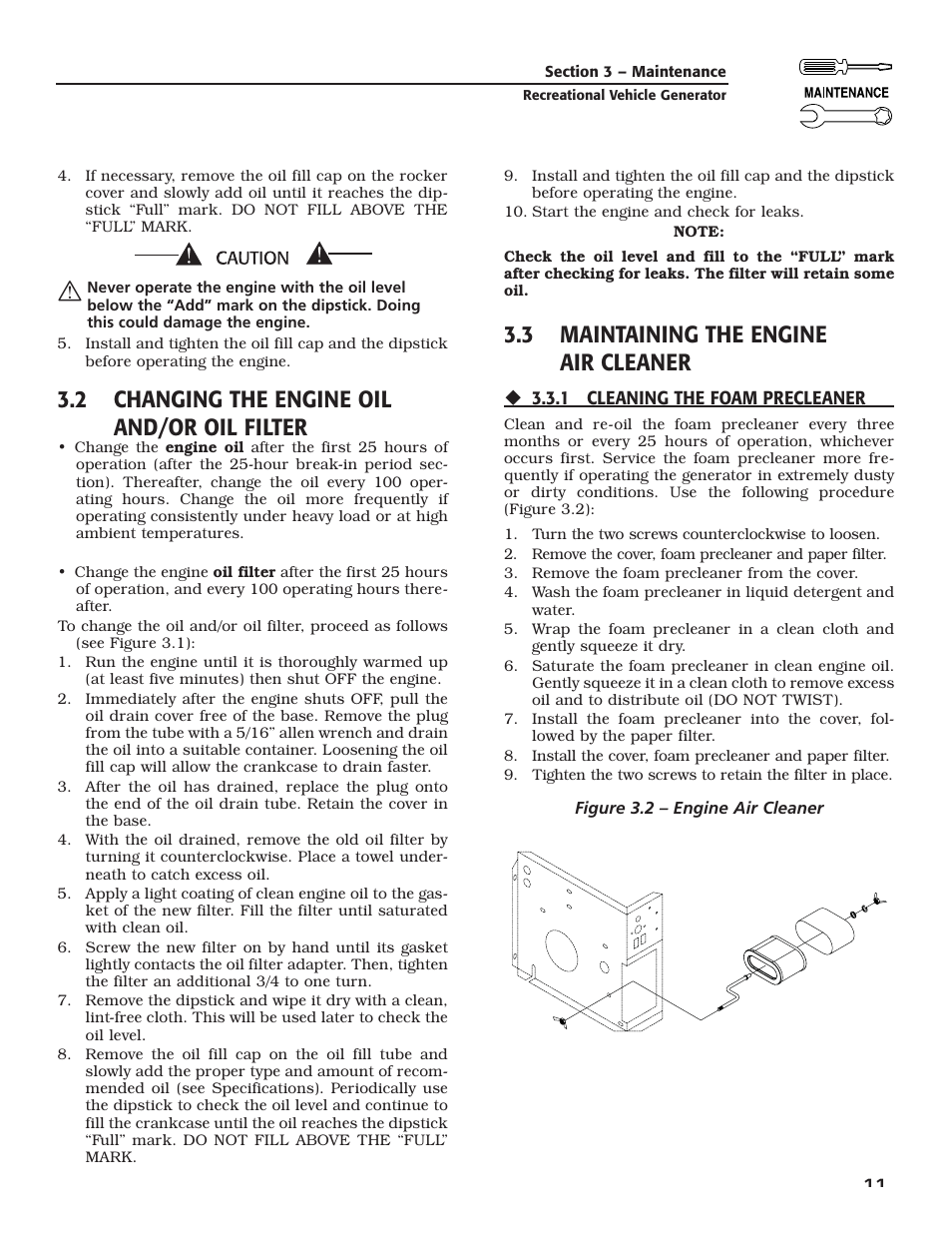 2 changing the engine oil and/or oil filter, 3 maintaining the engine air cleaner | Generac Power Systems 004701-0 User Manual | Page 13 / 56