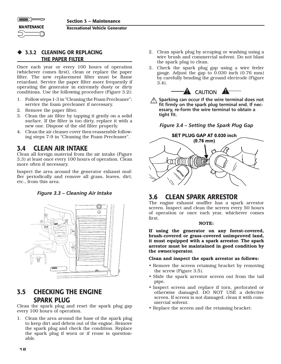 4 clean air intake, 5 checking the engine spark plug, 6 clean spark arrestor | Generac Power Systems 004701-0 User Manual | Page 14 / 56