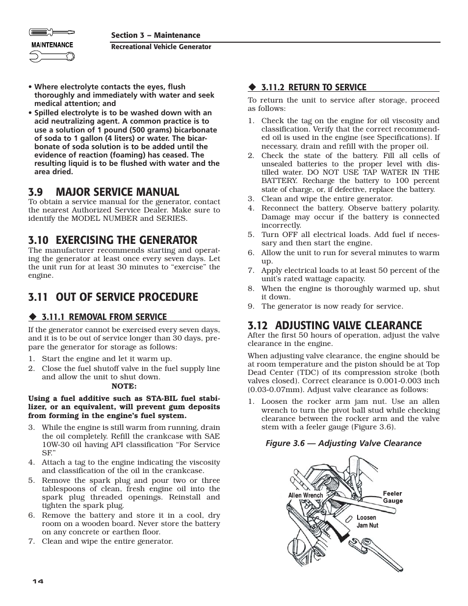 9 major service manual, 10 exercising the generator, 11 out of service procedure | 12 adjusting valve clearance | Generac Power Systems 004701-0 User Manual | Page 16 / 56