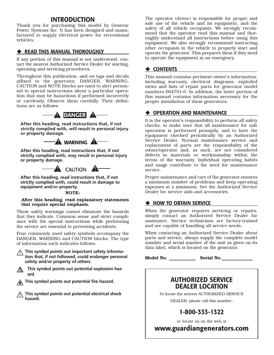 Introduction, Authorized service dealer location | Generac Power Systems 004701-0 User Manual | Page 2 / 56