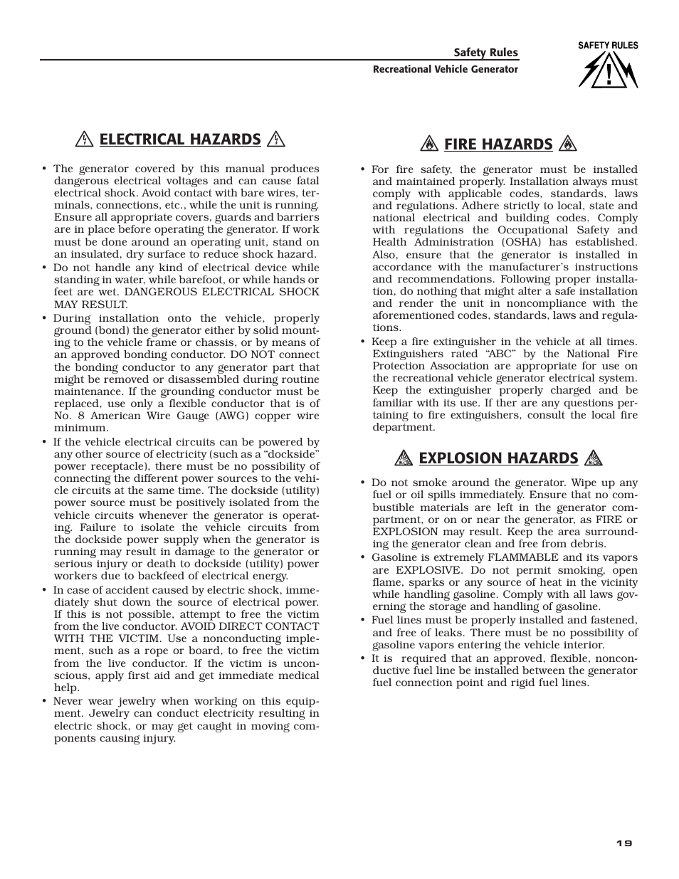 Electrical hazards, Fire hazards, Explosion hazards | Generac Power Systems 004701-0 User Manual | Page 21 / 56