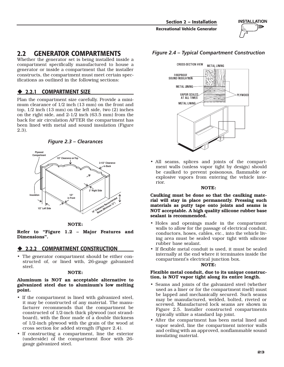 2 generator compartments, 1 compartment size, 2 compartment construction | Figure 2.3 – clearances, Figure 2.4 – typical compartment construction | Generac Power Systems 004701-0 User Manual | Page 25 / 56
