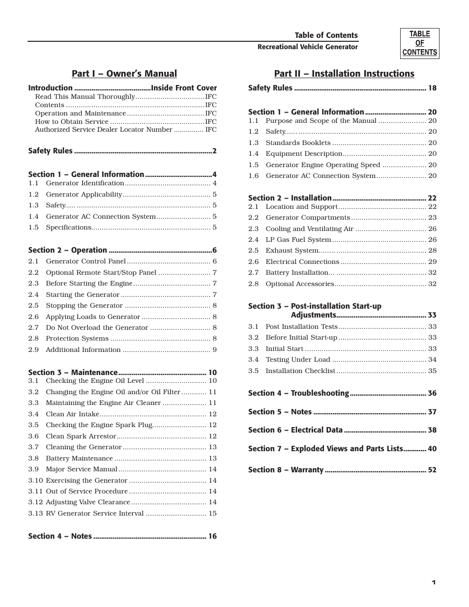 Part i – owner’s manual, Part ii – installation instructions | Generac Power Systems 004701-0 User Manual | Page 3 / 56