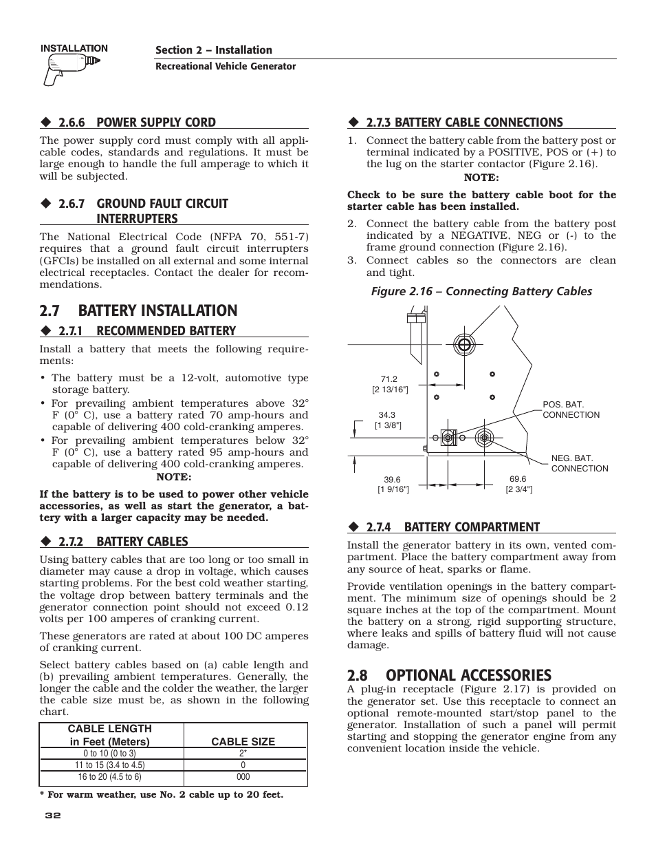 7 battery installation, 8 optional accessories | Generac Power Systems 004701-0 User Manual | Page 34 / 56