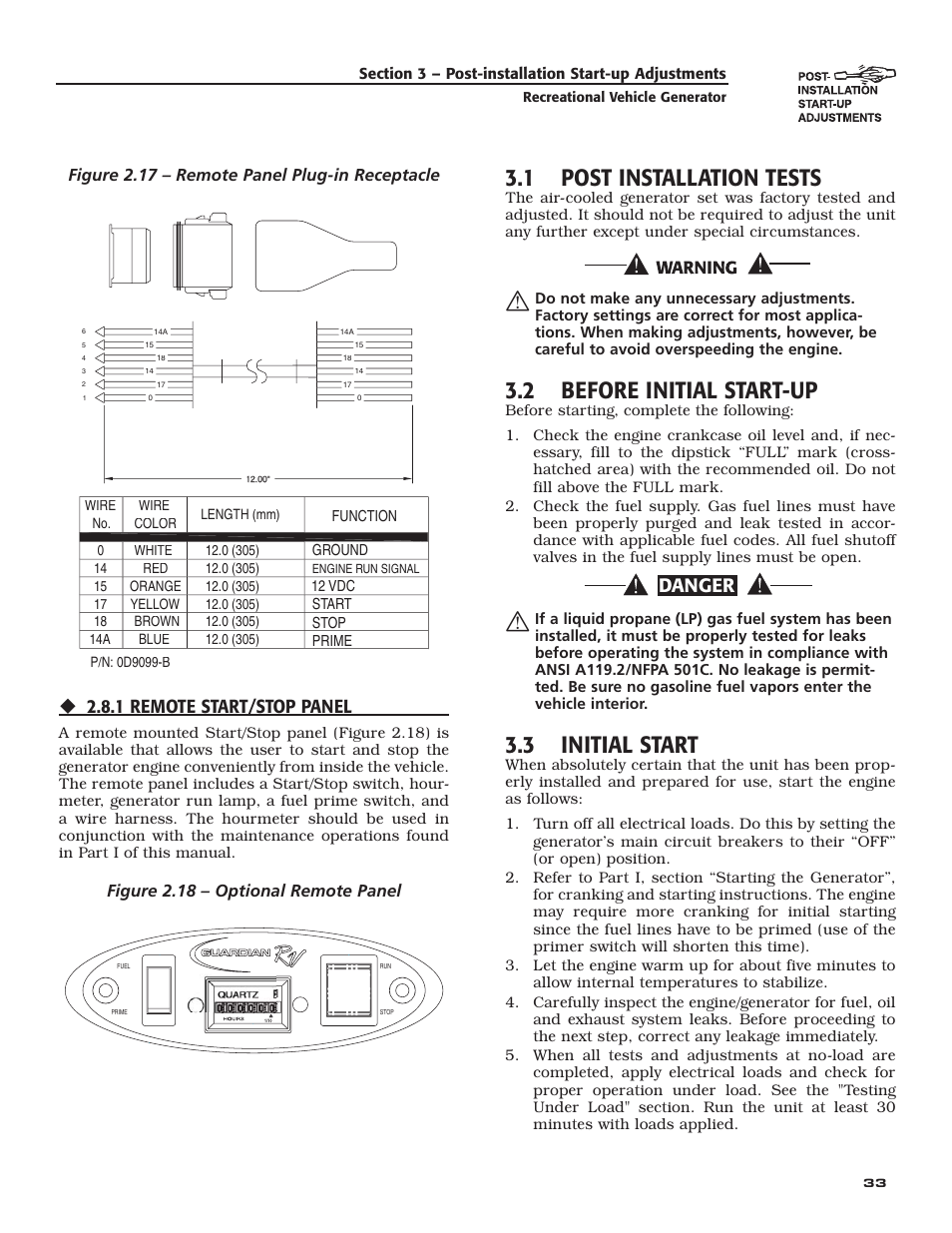 1 post installation tests, 2 before initial start-up, 3 initial start | Danger, 1 remote start/stop panel, Figure 2.17 – remote panel plug-in receptacle, Figure 2.18 – optional remote panel | Generac Power Systems 004701-0 User Manual | Page 35 / 56